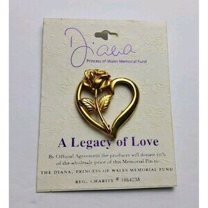 Princess Diana Memorial Heart Rose Brooch Pin Gold Tone